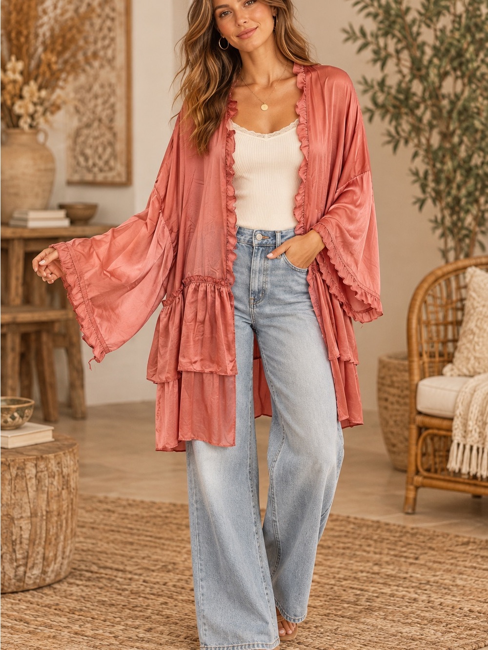 NWT easel Dusty Rose Ruffled Kimono (090817) 🌼 ☀️